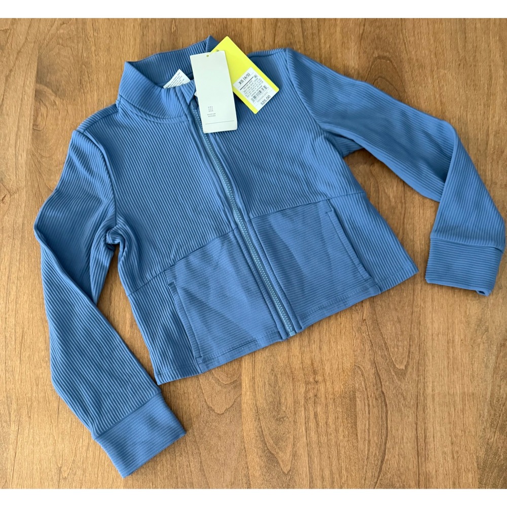 All in Motion Girls Blue Cozy Knit Ribbed Zip Up Jacket XS 4/5 Moisture Wicking